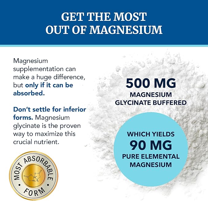 Magnesium Glycinate 500mg | High Absorption | Chelated for Muscle Relaxation, Bones, Heart, Nerve, Sleep & Calm Support for Women & Men | Magnesium Chelate Supplement & Bisglycinate Complex | 120ct