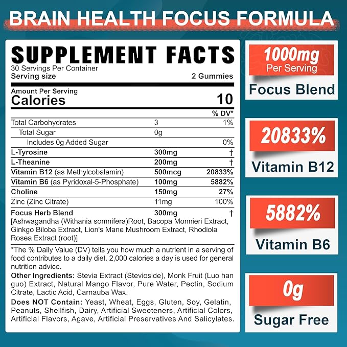 Sugar Free L-Tyrosine Gummies 300mg L-Theanine 200mg Vitamin B6 100mg & B12 500mcg, Brain Health Herbs 300mg w/Ginkgo Biloba, Rhodiola Rosea, Lion's Mane Mushroom for Sustained Focus & Energy, 1Pack