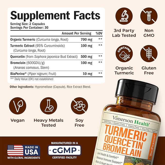 Quercetin with Bromelain Turmeric Curcumin Supplement – Allergy Relief, Joint & Immune Support – Organic Turmeric Supplement with Black Pepper (Bioperine) – 60 Quercetin 500mg Capsules