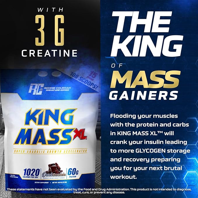 Ronnie Coleman Signature Series King Mass XL Mass Gainer Protein Powder, Muscle Gainer, 60g Protein, 180g Carbohydrates, 1,000+ Calories, Creatine and Glutamine, Dark Chocolate, 15 Pound