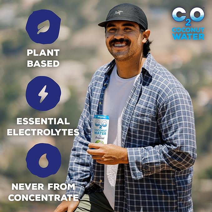 C2O - Coconut Water, The Original Flavor (8 Pack) - Made with Fresh Coconut Water - Plant Based - Non GMO - Canned Water - Natural Hydration, Essential Electrolytes, & Potassium - 8 Cans, 16.3 FL OZ