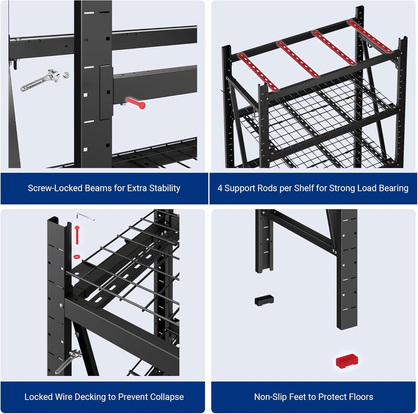 FLEXIMOUNTS Garage Shelving Heavy Duty, 49.6" W 4-Tier 10000LBS Industrial Shelving Unit with 4 Hooks, Adjustable Storage Shelves for Garage, Basement, Warehouse, 71" H x 49.6" W x 23.6" D