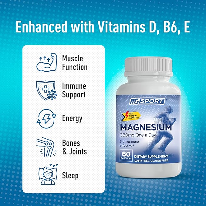 Magnesium Supplement Complex MGSPORT- High Absorption with Vitamins B6, D, E - Relieves Leg Cramps & Muscle Support - 60 Servings