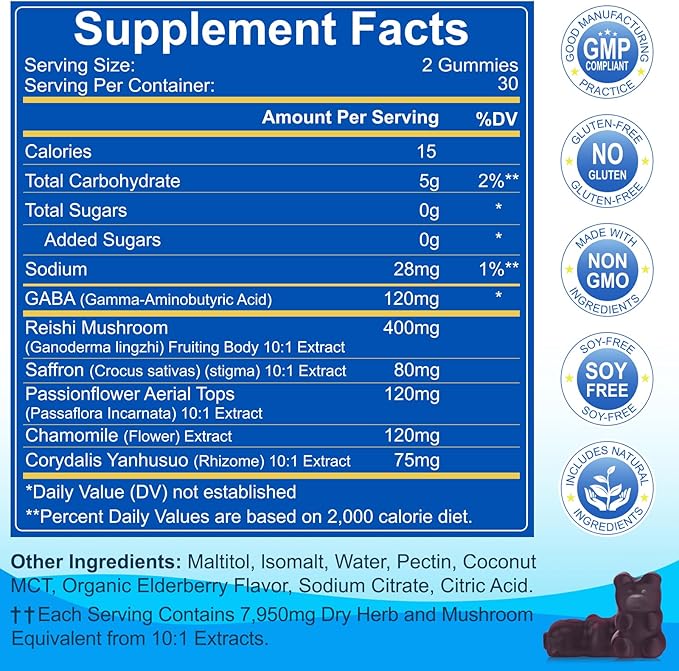 Sleep Mushroom Gummies with Reishi & Lions Mane -Natural Sleep Aid & Relaxation Supplement, Wild Elderberry Flavor, Non-GMO, No Sugar, 120 Count
