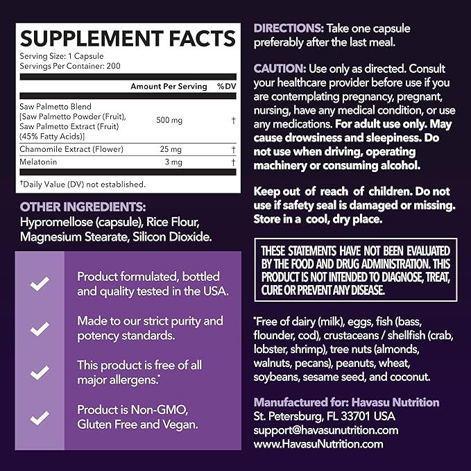 Saw Palmetto PM for Men with Melatonin 3mg - Night Time Prostate Health Supplement for Bladder and Sleep Support - Reduce Urinary Frequency - 200 Count - Vegan, Non-GMO Capsules - Over 6 Month Supply