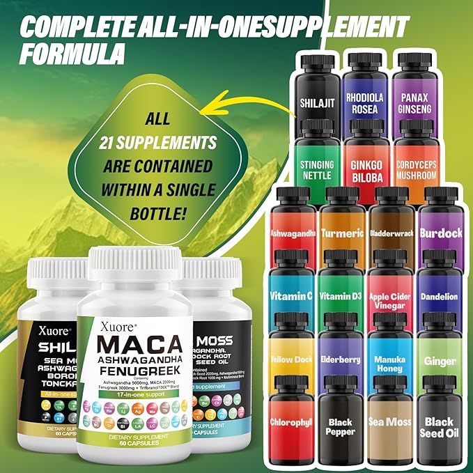 Sea Moss, Black Seed Oil, Ashwagandha, Ginger, Shilajit, Rhodiola Rosea, Panax Ginseng, Maca Root, Fenugreek, Trifibranol100X,All in 1 Supplements (1 Pack)