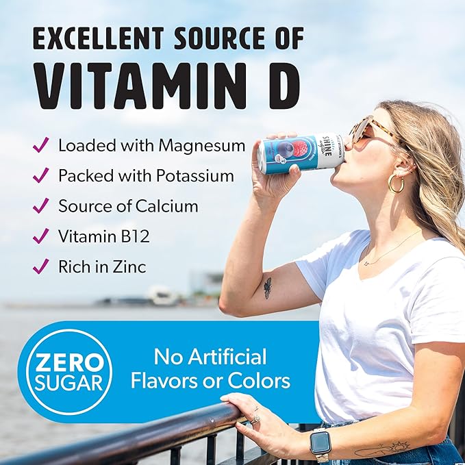 ShineWater Vitamin D Hydration Electrolyte Drink - Flavored water with electrolytes, Sugar-Free, Magnesium, Zinc, Vitamin B12, Folic Acid, Plant-Based Fruit Water, Low Calorie - Variety Pack of 6