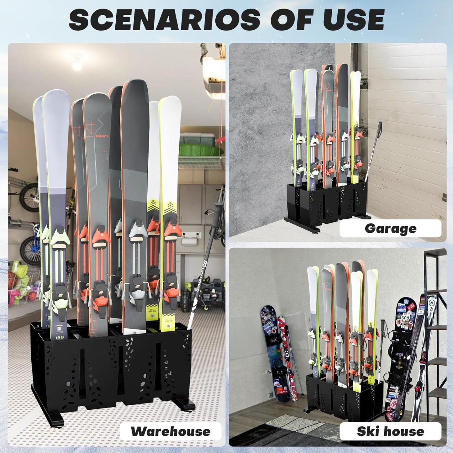 Ski Storage Rack for Garage, 8 Pair Heavy Duty Steel Freestanding Ski Storage Organizer, Indoor Ski Holder Racks for Home and Garage Storage