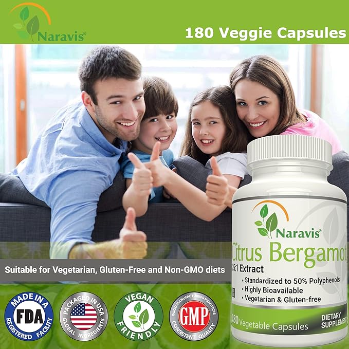 Citrus Bergamot Extract - 180 Capsules - 25:1 Extract - 50% Polyphenols - Black Pepper for Enhanced Absorption - Cholesterol lowering Supplements - Polyphenols Supplement