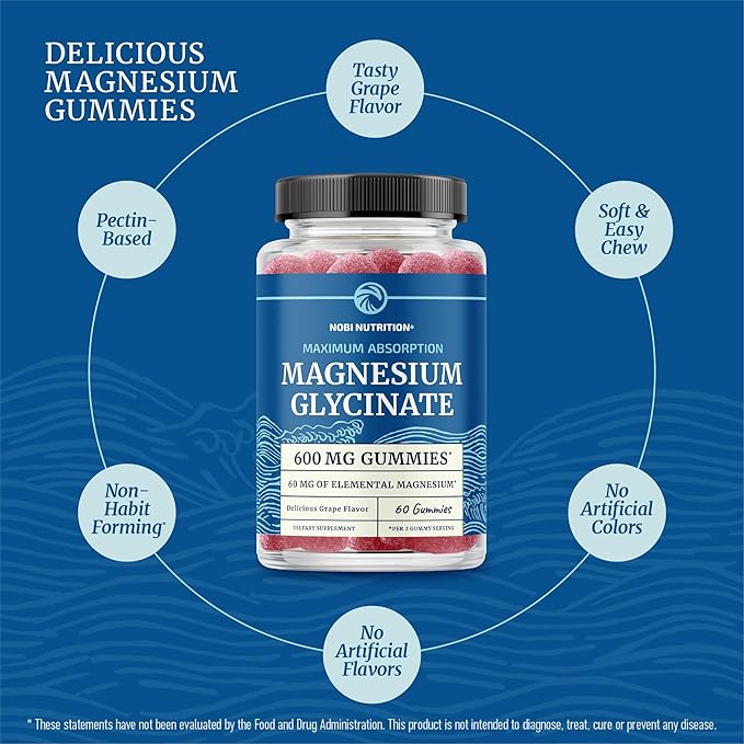 Magnesium Glycinate Gummies 600MG | Sleep, Calm & Relaxation Support | 60MG Elemental Mag Per Serving | Grape Flavor, Gluten-Free | High Absorption Magnesium Gummies for Women, Men & Family | 60 Ct