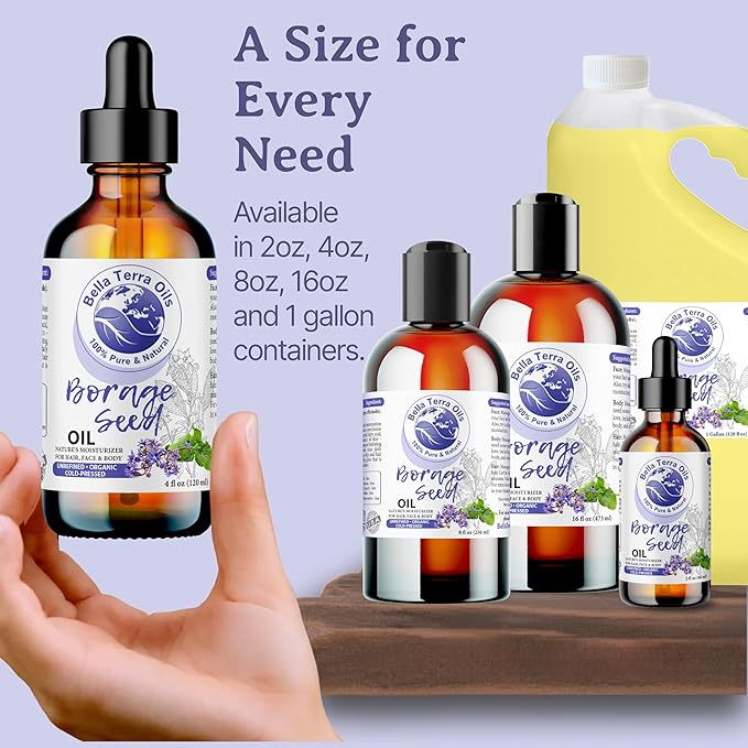 Borage Seed Oil with High GLA – 1gallon, for Supple, Hydrated Skin, Nourishing, Non-Greasy, Revitalizing – Bella Terra Oils