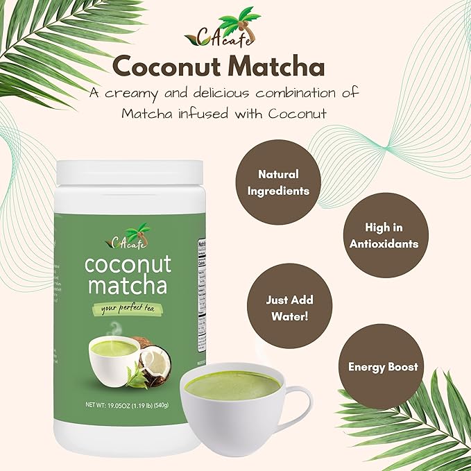 CAcafe Coconut Matcha - Instant Japanese Health Drink - Creamy & Sweet - Hot or Iced Green Tea Latte Mix - New Look, Reduced Sugar - Non-GMO - No Artificial Flavors or Colors | 6-Pack