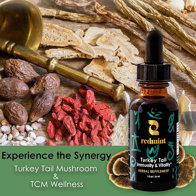 Redmint Turkey Tail Mushroom Herbal Tincture -Immunity & Vitality | Rooted in Ancient TCM Wisdom | Turkey Tail Extract for Immune Support and Digestive Health | Organic Mushroom Supplement | 1 Fl oz