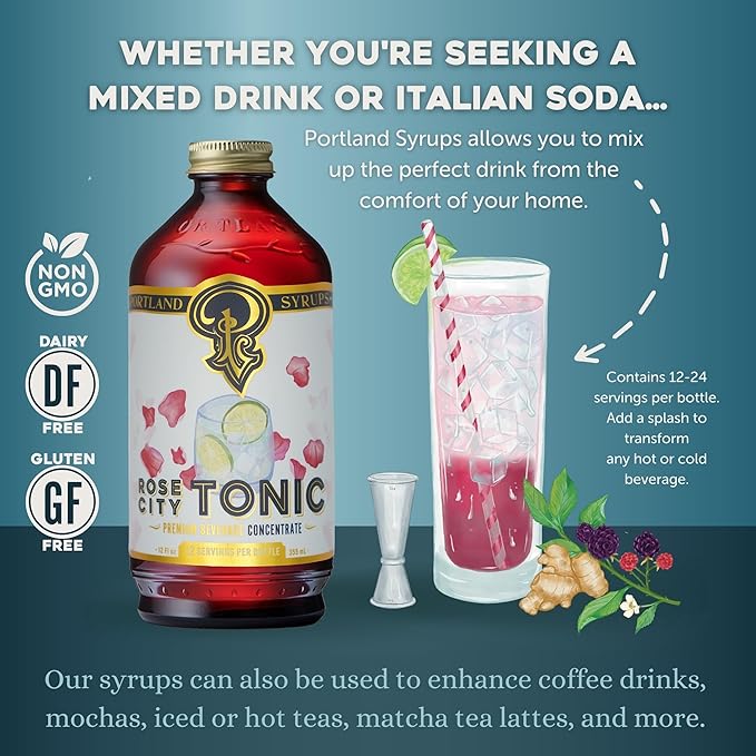 Portland Syrups Rose City Tonic Concentrate - Craft Delicious Cocktails, Mocktails, Sodas, and More - 12 oz with 24 Servings (Pack of 1)