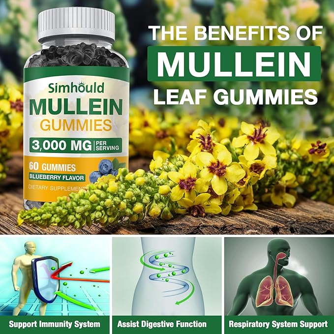1 Pack Sugar Free 3000MG Mullein Gummies - Lung Cleanse, Mullein Leaf Extract Supplement for Respiratory, Organic Mullein Drops with Quercetin & Bromelain for Lung, Digestive Health & Immune