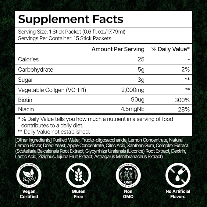 PLANT Vegan Liquid Collagen + Biotin + Niacin | 2,000mg Hydrolyzed Collagen Peptides | Kosher & Halal Certified| Lemon Flavor| Skin, Hair & Nail Support| 363Da Ultra Low Molecular |15 Stick Packs