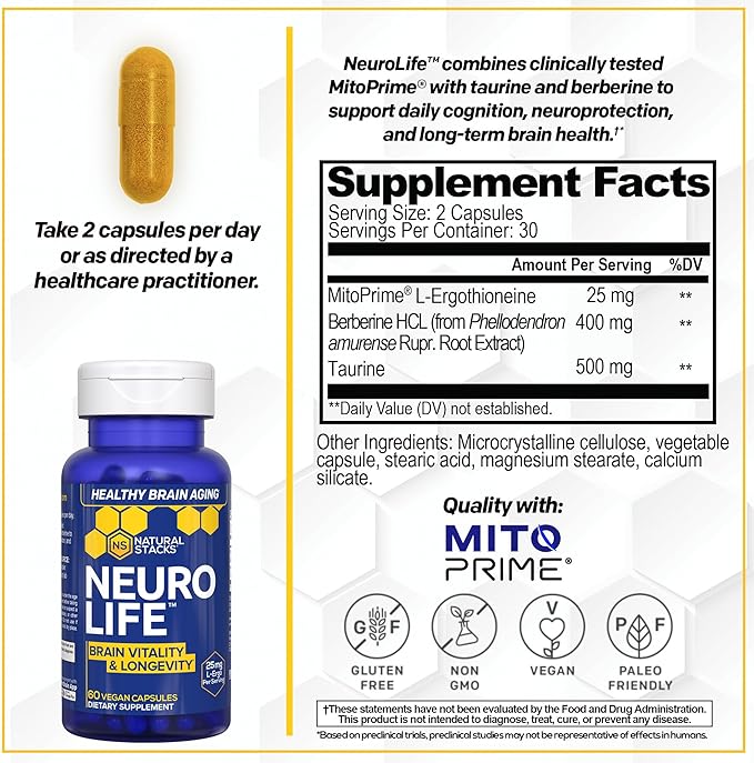 NeuroLife Longevity Supplement - 500mg Taurine & 400mg Berberine Supplement - Clinically Tested MitoPrime L-Ergothioneine - Brain Support for Cognitive Vitality - 60 Berberine Capsules