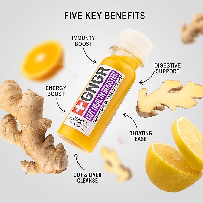 '+GNGR Gut Health Booster, Ginger Shot with Apple Cider Vinegar, 7G Prebiotic Fiber, Aloe Vera, Probiotics, Dandelion Root, Turmeric Root, Immunity Shot, Colon and Liver Cleanse, 2 Oz, Pack of 12