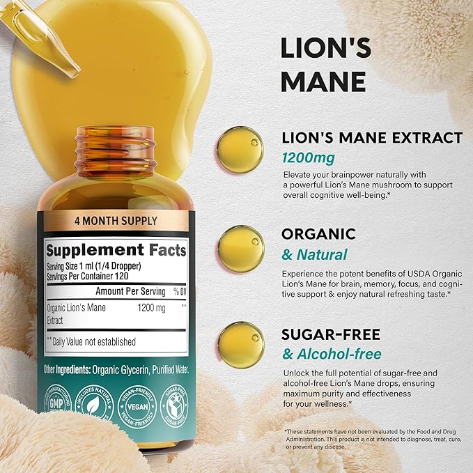 Lions Mane Liquid - USDA Certified Organic Lions Mane Supplement - Brain Support, Energy, Memory & Focus - Sugar & Alcohol-Free Lion's Mane Mushroom Extract 144,000 mg / Bottle, 4fl oz, 4 Month Supply