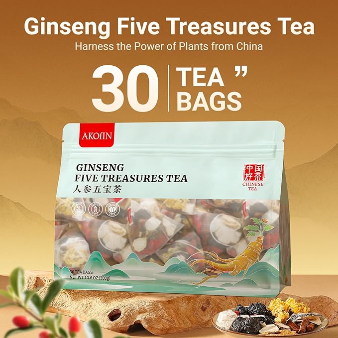 Kidney Tea Formula Ginseng Five Treasures Tea - 30 Bags, Traditionally Family-Grown, Caffeine-Free Pure Herbal Blend with 8 Traditional Chinese Herbs for Men & women
