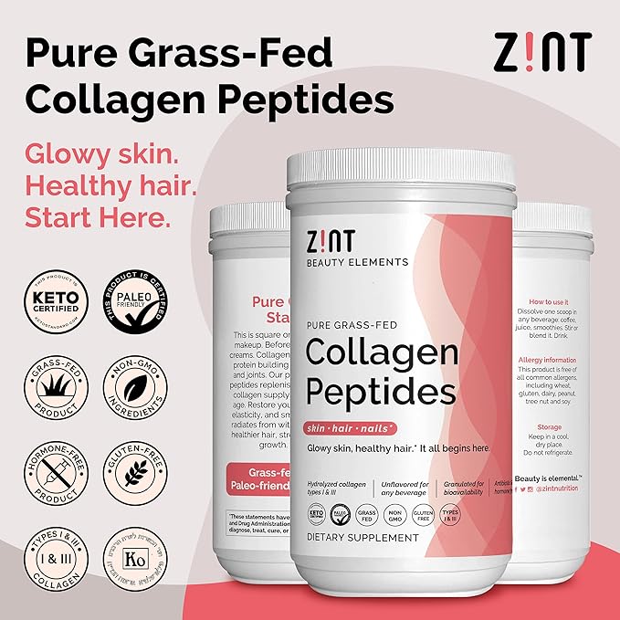 Zint Collagen Peptides Powder (32 oz): Anti Aging Hydrolyzed Collagen Protein Powder Beauty Supplement - Skin, Hair, Nails