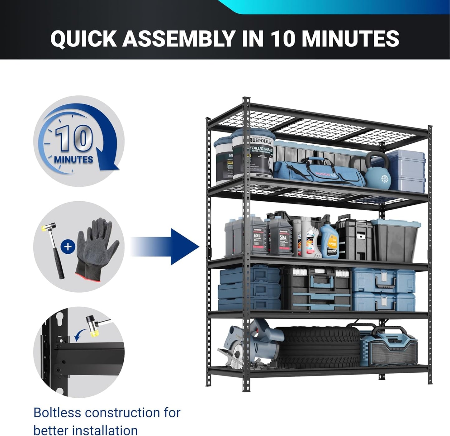 FLEXIMOUNTS Garage Shelving, Heavy Duty Shelving 2000 lbs, 5-Tier Garage Storage Shelves,Industrial Shelves for Heavy Tools and Equipment, 48" W x 24" D x 72" H