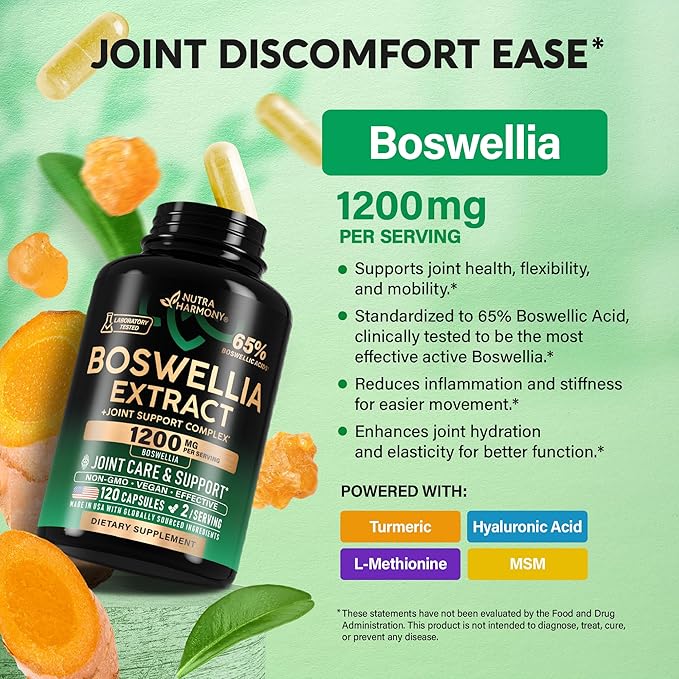 Boswellia 1200mg - Boswellia Extract | Turmeric | Hyaluronic Acid | MSM | Same - Joint Health & Comfort - Boswellia Serrata | 65% Boswellic Acid - for Men & Women - Made in USA - 120 Capsules