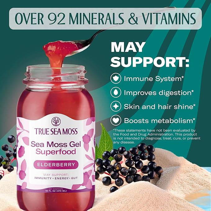 Sea Moss Gel – Made in USA – Wildcrafted Seamoss, Fresh Fruits & Sea Vegetables – Elderberry, Pack of 3 (Labels may Vary)