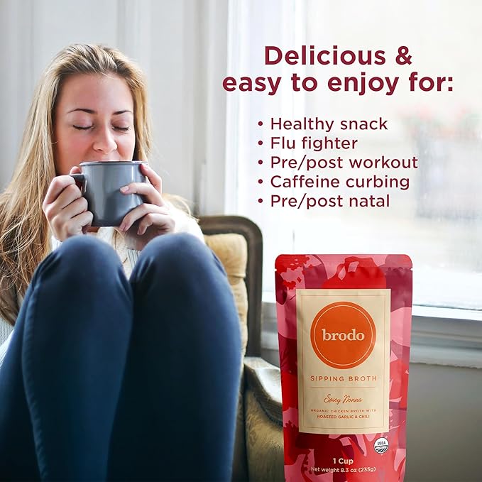 Brodo Spicy Nonna Roasted Garlic & Chili Chicken Broth Nutrient Dense, Chef Crafted Bone Broth in Single Serving Pouches Not Made From Concentrate, No Preservatives (6x 8.3oz Pouches)