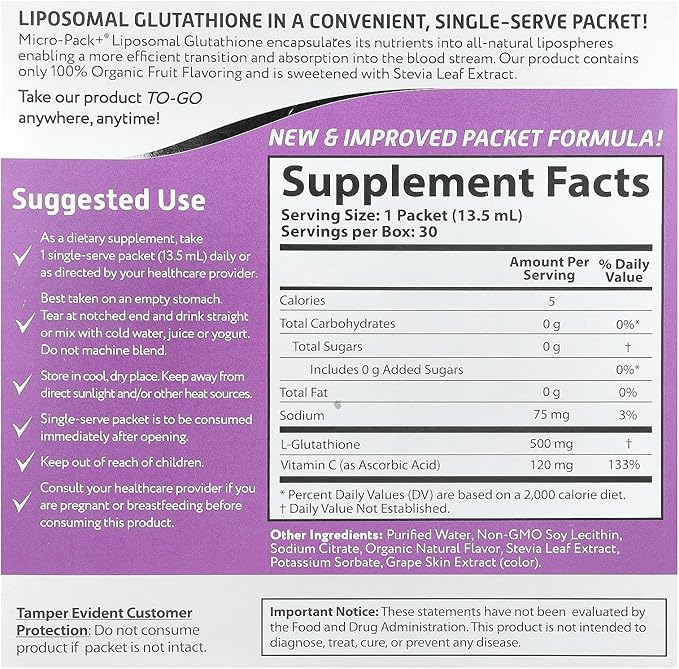 Aurora Nutrascience Micro-Liposomal Liquid Glutathione, Immune & Antioxidant Gut Health Support Supplement, 500 mg per Serving, Gluten Free, Non-GMO, Sugar-Free, 30 Single-Serve Packets