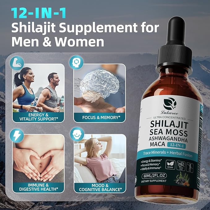 Shilajit Liquid Drops with Sea Moss, Ashwagandha, Maca, Fulvic Acid, Trace Minerals, 12-in-1 Liquid Vitamins Supplement for Men and Women, Energy, Antioxidant, Immune Support, 1 FL Oz