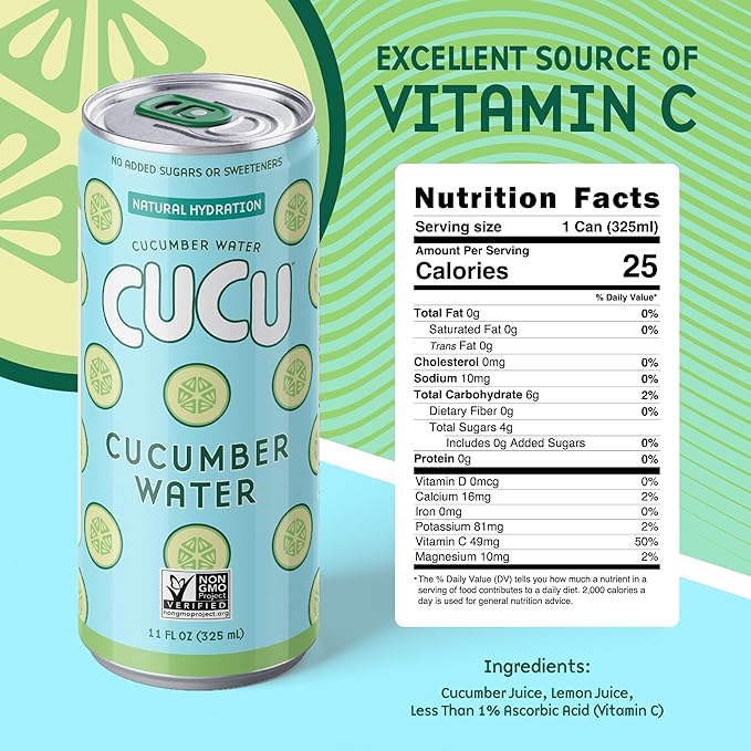 CUCU Cucumber Water – Natural Hydration from Cucumbers with Vitamin C, Electrolytes & Antioxidants – No Sugar Added, Non-GMO – 12 Pack, 11 fl oz Cans