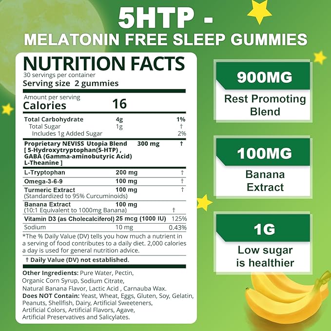 NEVISS 1Pack 5-HTP Gummies + GABA - Melatonin Free - Relaxation Gummies with Banana Extract, L-Theanine,L-Tryptophan, Vitamin D3 for Healthy Rest Cycle & Circadian Rhythm,Brain Function & Muscle Relax