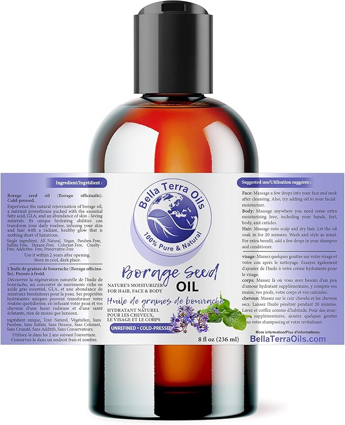Bella Terra Oils - Organic Borage Seed Oil 8 oz - Cold-Pressed from Organic Borage Seeds, Overflowing with Vitamin E & Omega Fatty Acids, an Elixir of Youth & Beauty