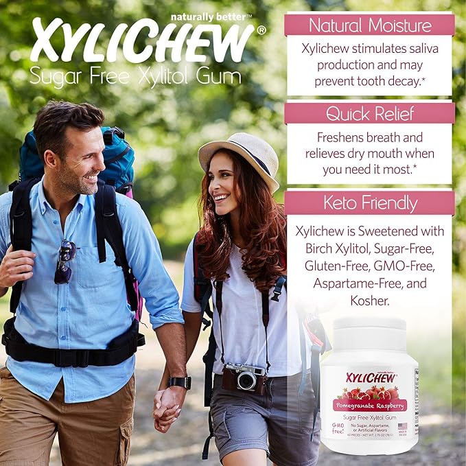 Xylichew 100% Xylitol Chewing Gum - Non GMO, Non Aspartame, Gluten Free, and Sugar Free Gum - Natural Oral Care, Relieves Bad Breath and Dry Mouth - Pomegranate Raspberry, 240 Count