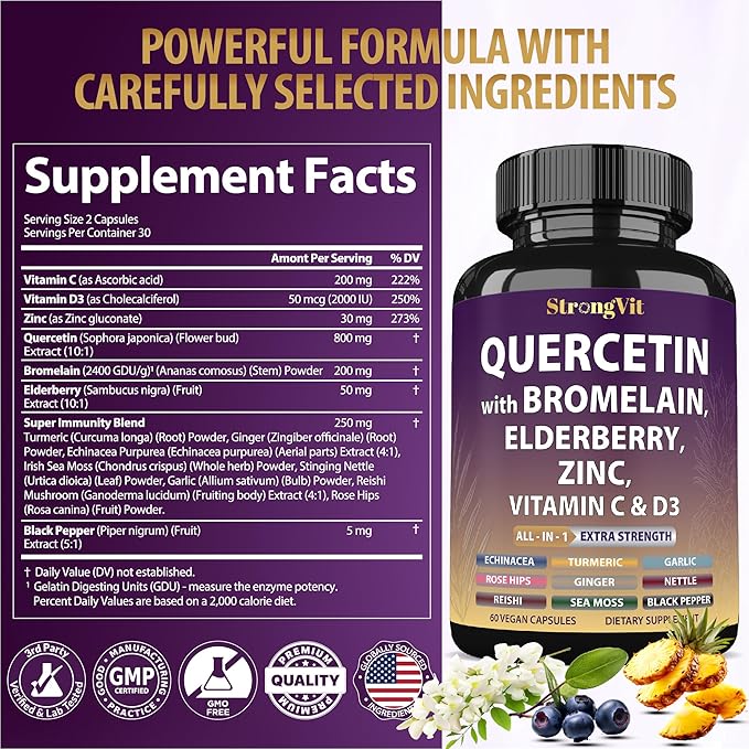Quercetin with Bromelain, Elderberry, Vitamin C, D3 and Zinc. Super Immune Support Supplement. Organic Complex for Men & Women, Non-GMO, Gluten-Free, Vegan, USA