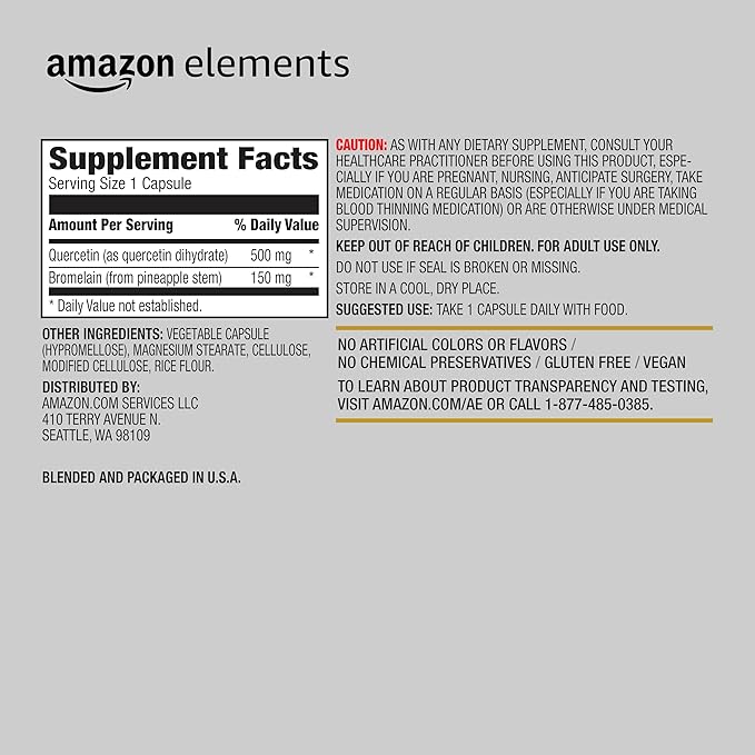 Amazon Elements Quercetin + Bromelain, 500 mg Quercetin with 150 mg Bromelain, Vegan, Pineapple, 50 Capsules