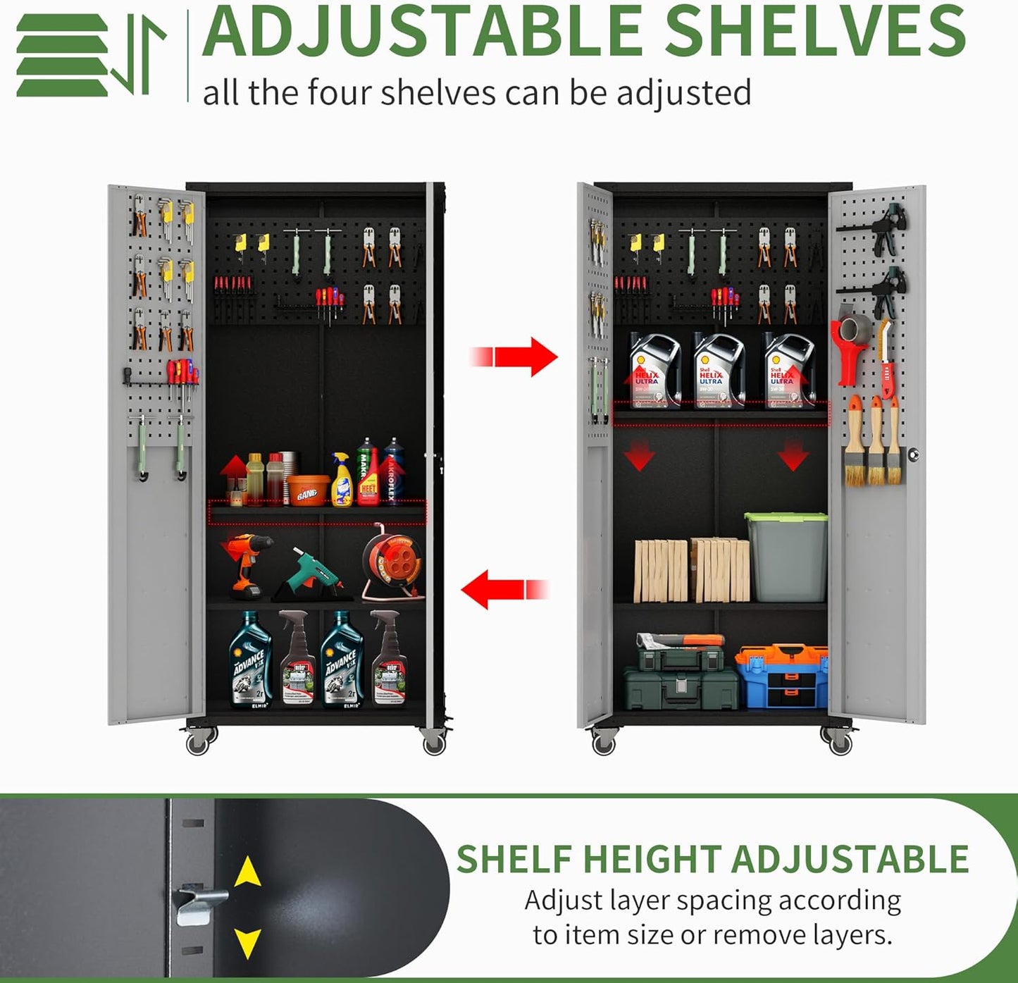 Garage Metal Storage Cabinet,71" Rolling Tool Cabinet with Pegboard and 3 Adjustable Shelves,Heavy-Duty Shelving Unit with Lockable Doors for Garage,Workshop,Home & Office Organization