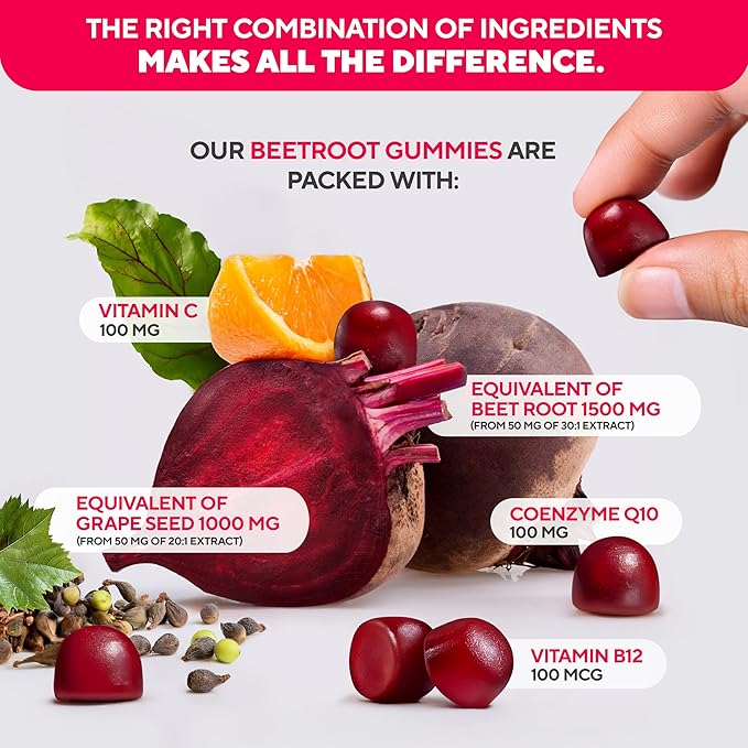 Beet Root Gummies – Beet Gummies – Red Beets Supplements with Beetroot, Grape Seed, Coq10, Vitamin C & B12 – 60 Beet Chews