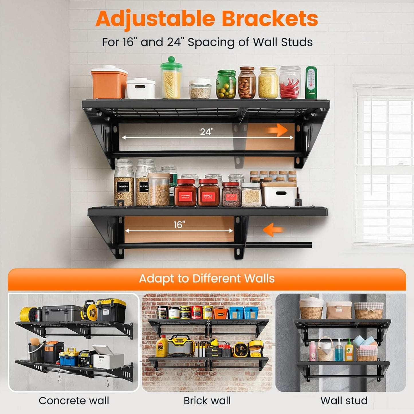 Garage Shelving 2x2ft 4-Pack, Garage Storage Rack 24"x24" Metal Shelves Black Wall Mounted with rods & 4 Hooks, Heavy Duty Wall Shelving Floating Shelves, 880lbs Total load Capacity