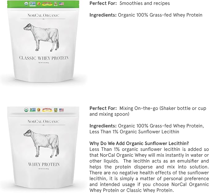 NorCal Organic - Classic Whey Protein - 100% Grass-Fed and Grass-Finished - UNFLAVORED - Lecithin-Free - 2lb Bulk