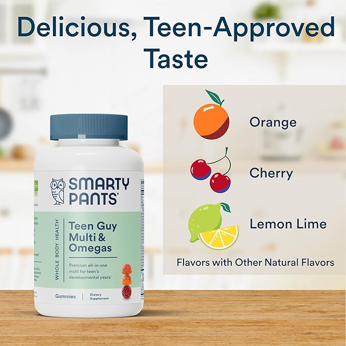 SmartyPants Teen Guy Formula, Daily Multivitamin Gummies: Vitamins C, B12, K, Zinc, & Biotin for Immune Support, Energy, Skin & Hair Support, Assorted Fruit Flavor, 120 Gummies (30 Day Supply)