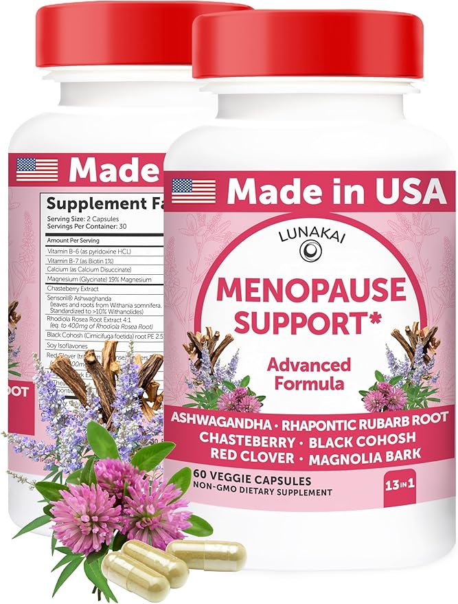 Lunakai USA Made Natural Menopause Supplements for Women – 13-in-1 Menopause Relief for Hot Flashes, Night Sweats, Sleep & Mood Support, 60ct