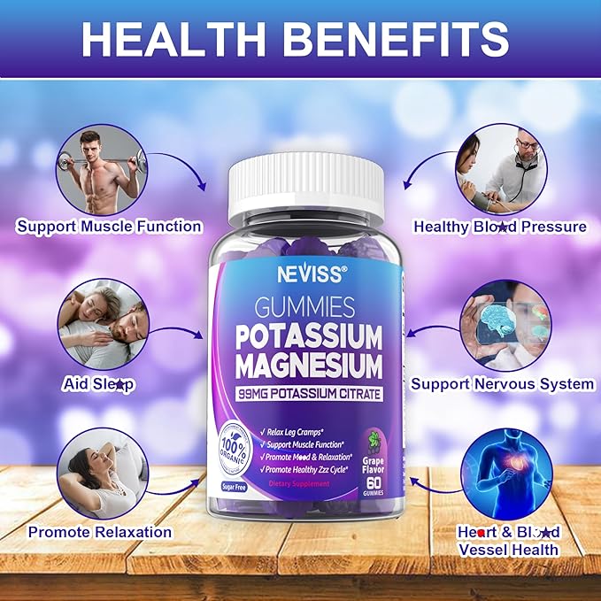 Potassium Magnesium Gummies - Potassium Supplement w/Ashwagandha 200mg, Magnesium Glycinate,B6,B12,P-otassium Citrate for Leg Cramps,Muscle,Electroyte for Adults Kids,Sugar-Free,1Pack
