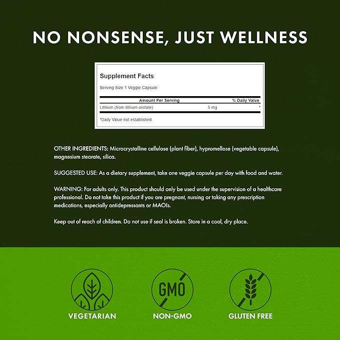 Swanson Lithium Orotate Antioxidant Mood Wellness Behavior Memory Support Supplement 5 mg 60 Veggie Capsules (Elemental Lithium)