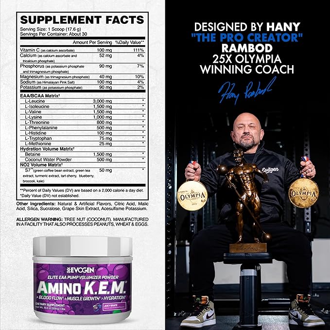 Evogen Amino K.E.M. - EAA & BCAA Powder Pump Volumizer | BCAAs Amino Acids Supplement for Blood Flow, Muscle Growth, & Hydration | Juicy Grape | 30 Servings