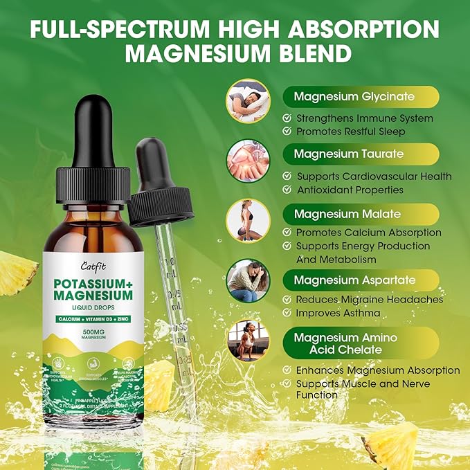 Potassium Magnesium Glycinate Supplement-High Absorption Magnesium Complex Liquid Drop with Calcium, Potassium, Vitamin D3 & Zinc for Sleep,Leg Cramps, Muscles & Energy, Sugar Free&Vegan 2 Fl Oz