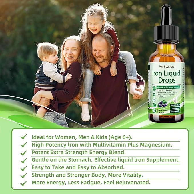 2 Pack Liquid Iron Supplement for Women Men & Kids, Vegan Iron Drops with Vitamin C D, B12, B-Complex, High Potency Liquid with Multivitamin for Anemia, Energy Support, Magnesium Iron Gentle