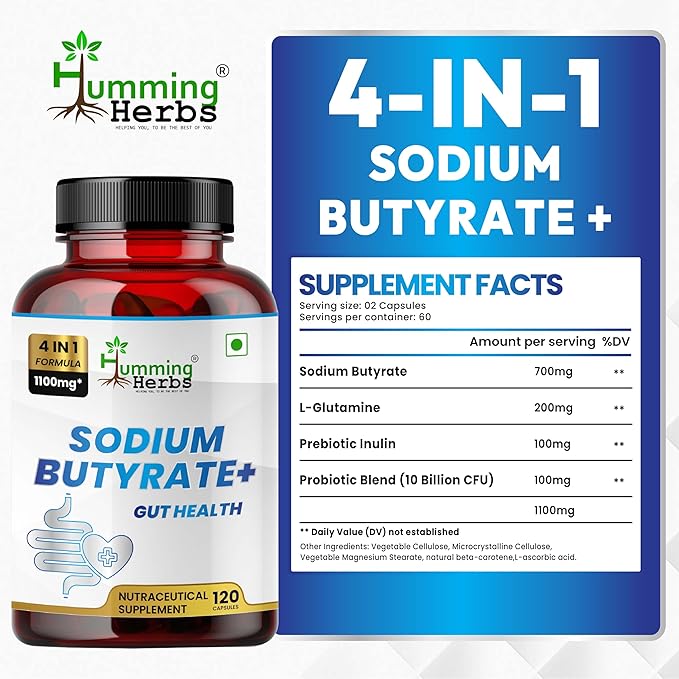Sodium Butyrate 1100mg per Serving – 120 Capsules with– L-Glutamine, Prebiotic Inulin, Probiotic Blend