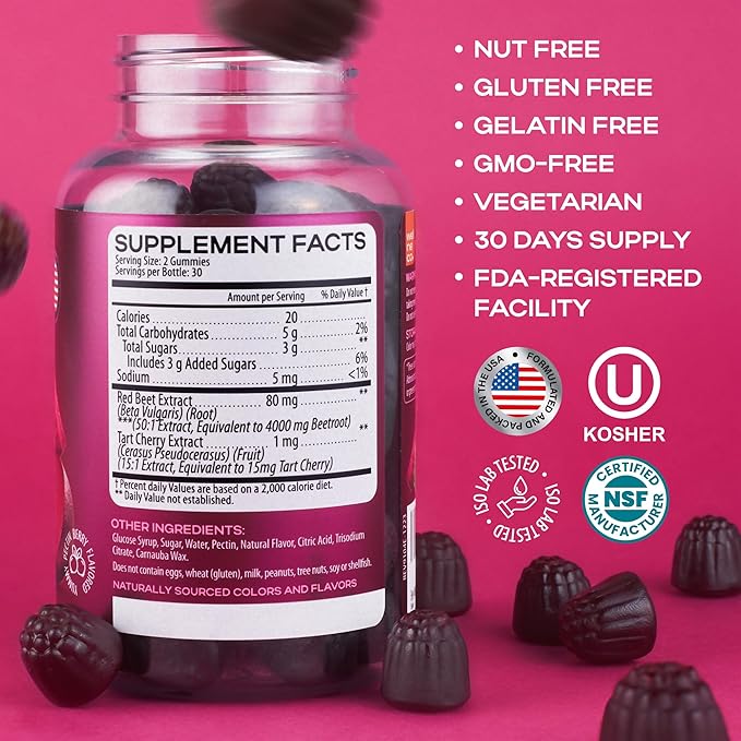 Beet Chews for High Blood Pressure - Beet Root Gummies Made in USA with Tart Cherry - Nitric Oxide Supplements for Energy and Cardio Health - Vegan, No GMO, Pectin Based - for Women and Men